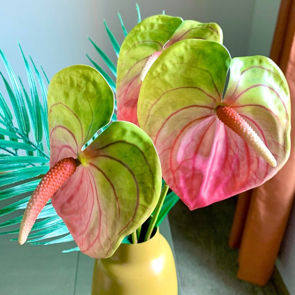 Gorgeous 3 Stems 22.5" Artificial Faux Multicolor Variegated Anthurium Flowers - Picture 5 of 7